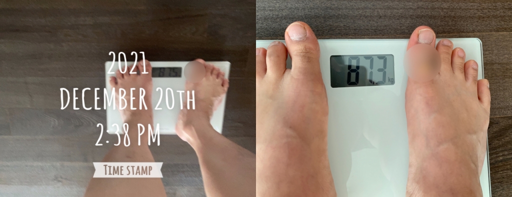 이 체중계는 잘못된 게 틀림 없다. 2주를 뛰었는데 왼쪽 사진과 오른쪽 사진이 다른 게 별로 없지 않은가. 변한 건 발톱 길이 뿐이다./사진=체중계를 의심하고 있는 남형도 기자.