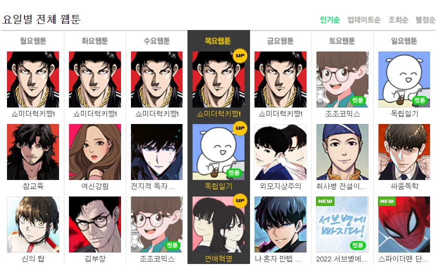 1월6일 오전 10시 네이버 웹툰 메인화면 캡처…강건마의 천하통일