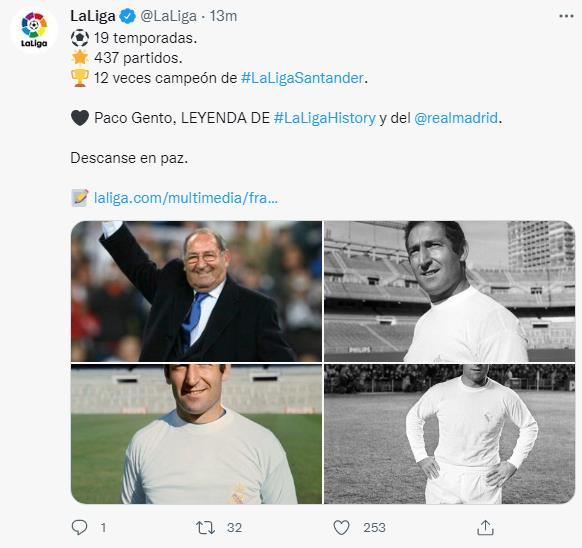 라리가가 파코 헨토의 죽음을 애도했다./사진=라리가 트위터