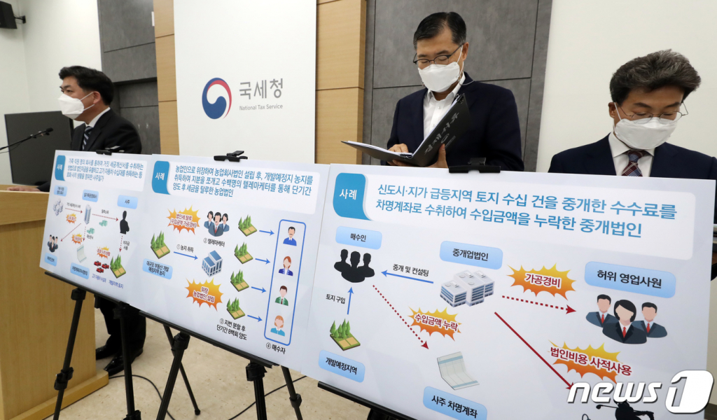 (세종=뉴스1) 장수영 기자 = 김태호 국세청 자산과세국장이 13일 정부세종2청사 국세청 기자실에서 '개발지역 부동산탈세 특별조사단, 289명 2차 세무조사 착수' 브리핑을 하고 있다. 국세청은 3기 신도시 예정지구 등에 대한 1차 조사에 이어 대규모 택지 및 산업단지 개발지역 44곳으로 분석범위를 확대, 다수의 탈세혐의자를 포착하고 세무조사에 착수했다고 밝혔다. 2021.5.13/뉴스1