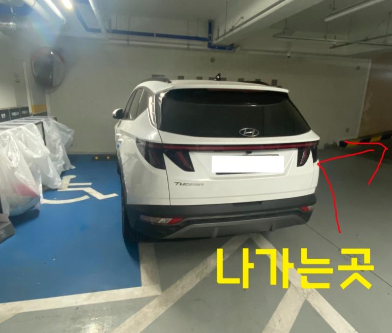 장애인전용주차구역 불법주차 논란인 오피스텔 주차장 모습. 장애인전용주차구역을 쓰레기분리수거장으로 쓰고 있다. /사진=온라인 커뮤니티
