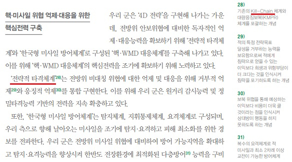 2020국방백서 상의 전략적 타격체계 주석에 기존의 킬체인 체계와 대량응징보복 체계를 포괄하는 개념이라는 설명이 실렸다.킬체인이란 발사준비→발사→상승→하강으로 이어지는 적의 미사일 공격 과정에서 '발사의 왼편(Left of Launch)', 즉 발사 전 단계에 선제타격하는 체계다. 밑줄은 기자가 표시.