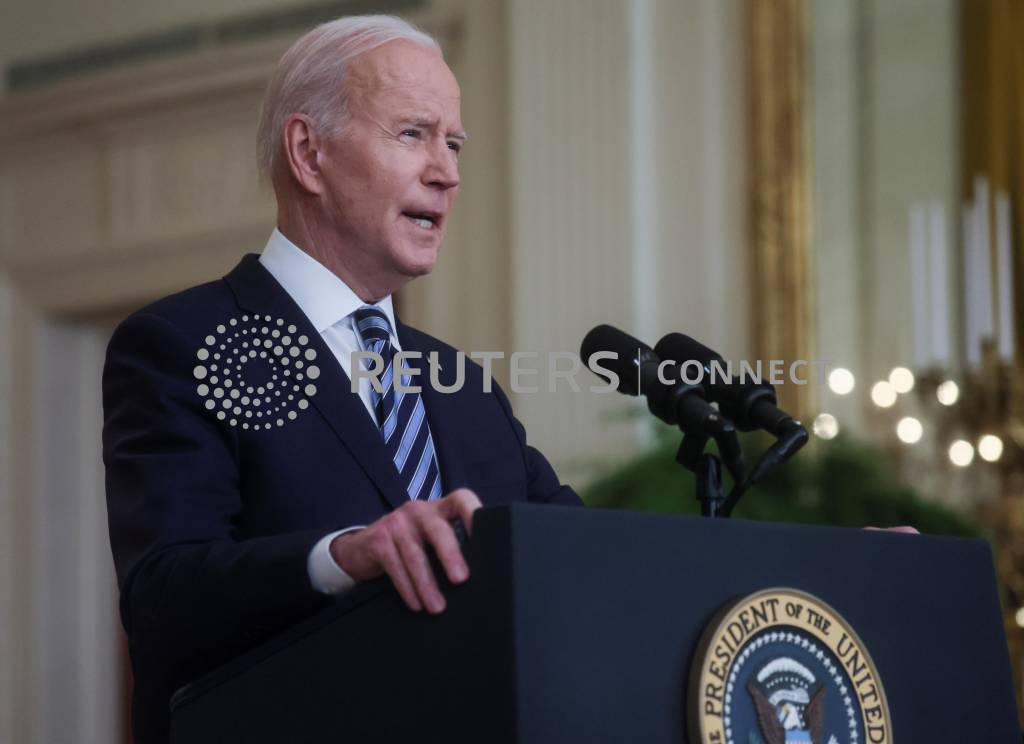 U.S. President Joe Biden delivers remarks on Russia's attack on Ukraine, in the East Room of the White House in Washington, U.S., February 24, 2022. REUTERS/Leah Millis Date: 24/0