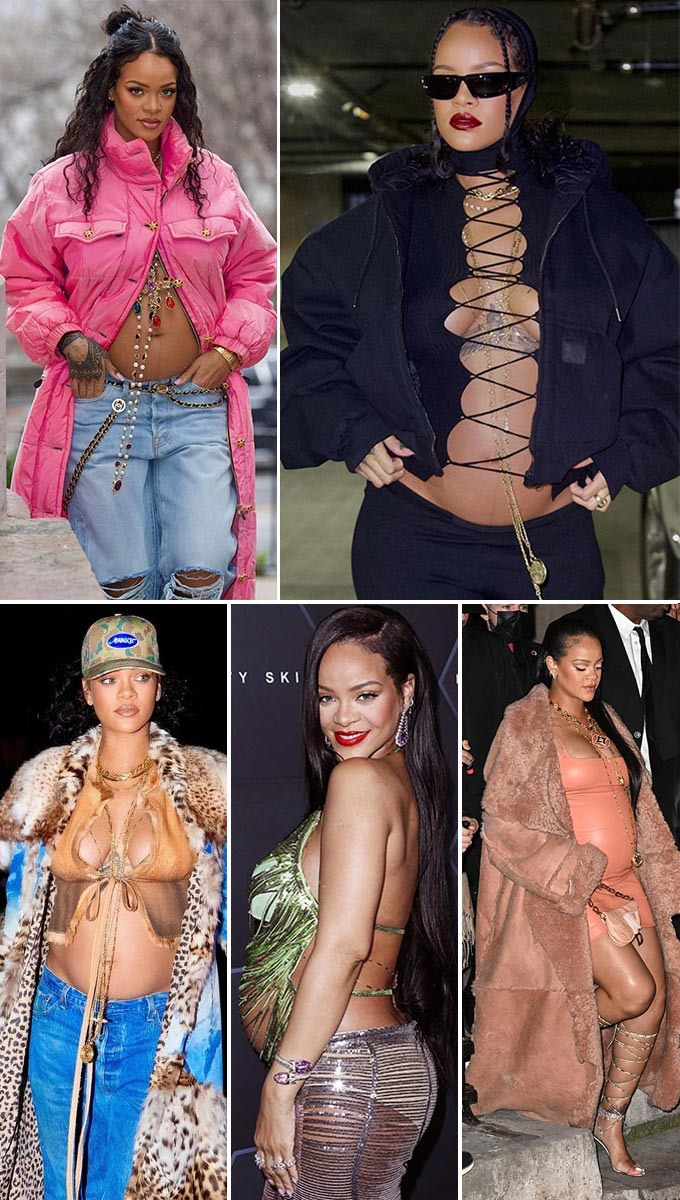 팝 가수 리한나가 지난 1월부터 선보여온 파격적인 임산부 패션/사진=리한나 인스타그램, AFP/뉴스1, Reuters/뉴스1