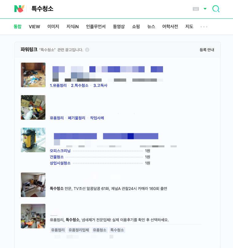 포털사이트에 특수청소 검색 시 나오는 업체들 /사진=네이버 갈무리