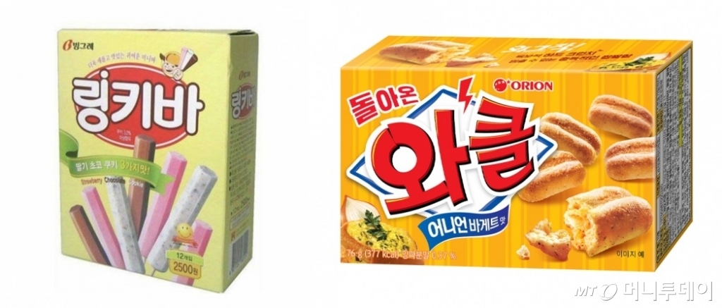 사진 왼쪽부터 빙그레가 출시를 앞둔 링키바, 오리온의 와클./사진제공=빙그레, 오리온