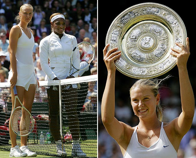 테니스 선수 출신 마리아 샤라포바가 2004년 제118회 윔블던 테니스 선수권 대회 여자 단식 결승전에서 미국의 세레나 윌리엄스와 겨룬 끝에 우승을 차지했다./사진=AFP/뉴스1