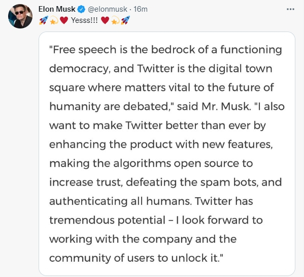 인수 소식이 전해진 후 머스크가 올린 트윗 /사진=일론 머스크 트위터