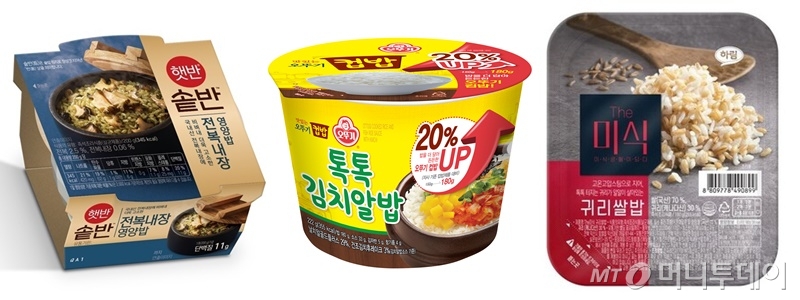 사진 왼쪽부터 CJ제일제당의 햇반솥반, 오뚜기 톡톡김치알밥, 하림 더 미식 귀리쌀밥./사진제공=CJ제일제당, 오뚜기, 하림