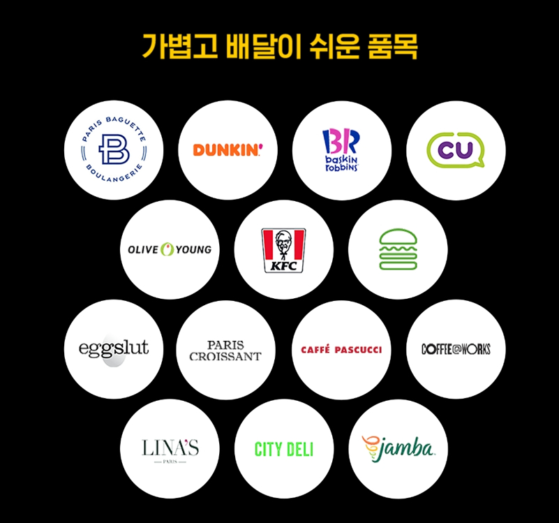 카카오T 도보배송과 협력을 맺은 프랜차이즈 브랜드. 사진/카카오T픽커 공지 갈무리