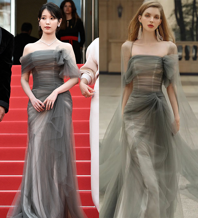 가수 겸 배우 아이유(본명 이지은, 왼쪽)이 제75회 칸 국제 영화제에서 소화한 '엔조최재훈'의 드레스(오른쪽)/사진=Reuters/뉴스1, 엔조최재훈 공식 인스타그램