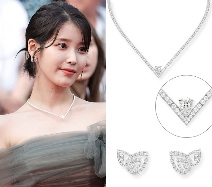 가수 겸 배우 아이유(왼쪽)가 제75회 칸 국제 영화제에서 착용한 럭셔리 주얼리 브랜드 '쇼메'의 조세핀 아그레뜨 목걸이와 조세핀 듀오 이터널 귀걸이(오른쪽)./사진=AFPBBNews=뉴스1, 쇼메(Chaumet)