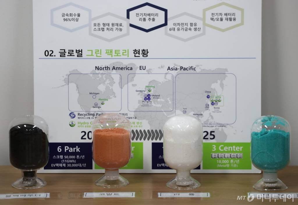 지난달 30일 경기 시흥 한국환경공단 수도권 미래폐자원 거점수거센터 스케치. 재활용 배터리에서 만든 중간원료인 블랙파우더와 블랙파우더에서 추출한 배터리 소재. /시흥(경기)=이기범 기자 leekb@