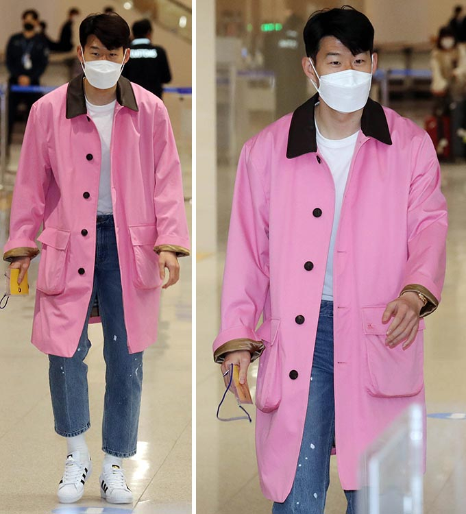 축구선수 손흥민이 지난 3월 2022 카타르월드컵 최종 예선 이란과의 경기를 위해 인천국제공항을 통해 입국할 당시 '버버리'와 '슈프림'이 협업한 카코트를 입은 모습. /사진=머니투데이 DB