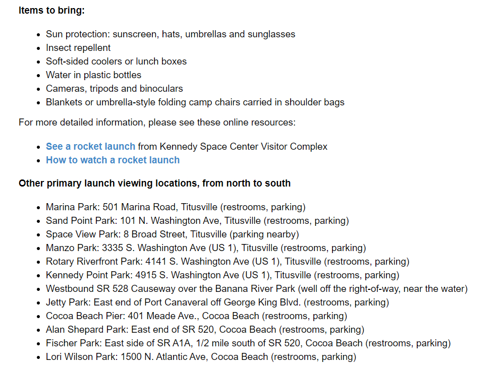 미국항공우주국(NASA)이 미국 국민들에게 우주 발사체(로켓) 발사 장면이 잘 보이는 장소를 공개한 내용. / 사진=미국항공우주국(NASA)