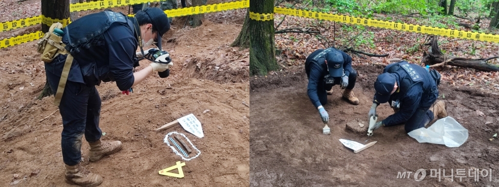 경기 포천시 소흘읍 무명 350고지에서 국방부 유해발굴단 발굴팀이 유해를 발굴 하고 있다. /사진=정세진 기자