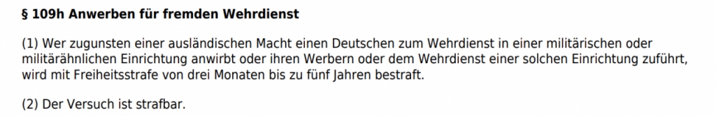 독일형법 제109조h '외국을 위한 모병죄'조항, 독일형법 원문본/법제처