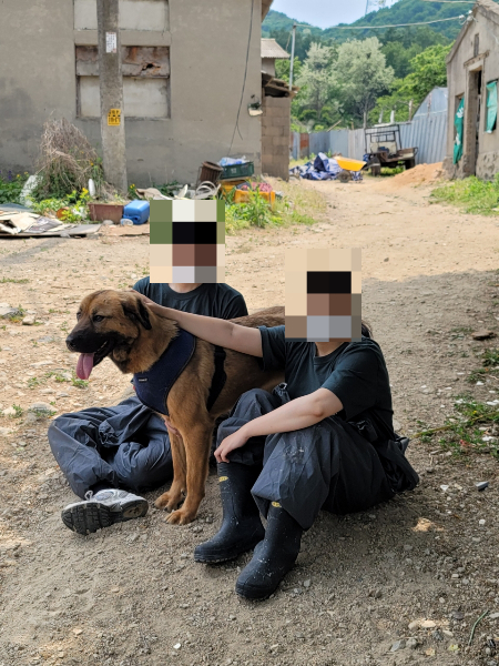 아크 보호소에서 봉사 활동을 할 당시, 체리와 함께 사진을 찍은 부부./사진=체리 보호자님 제공