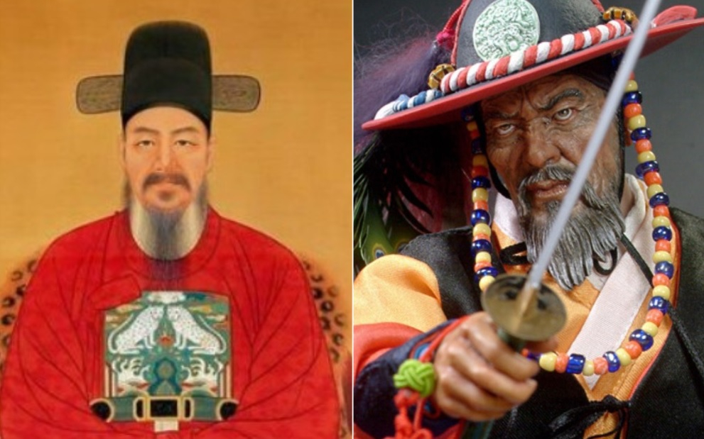 왼쪽이 이순신 국가표준영정(①). 오른쪽은 김세랑 작가의 이순신 미니어처(②)