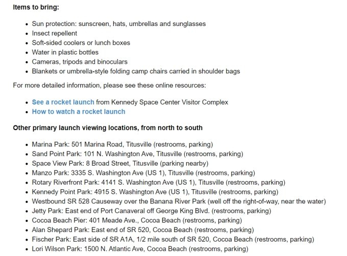미국항공우주국(NASA)이 미국 국민들에게 우주 발사체(로켓) 발사 장면이 잘 보이는 장소를 공개한 내용. / 사진=미국항공우주국(NASA)