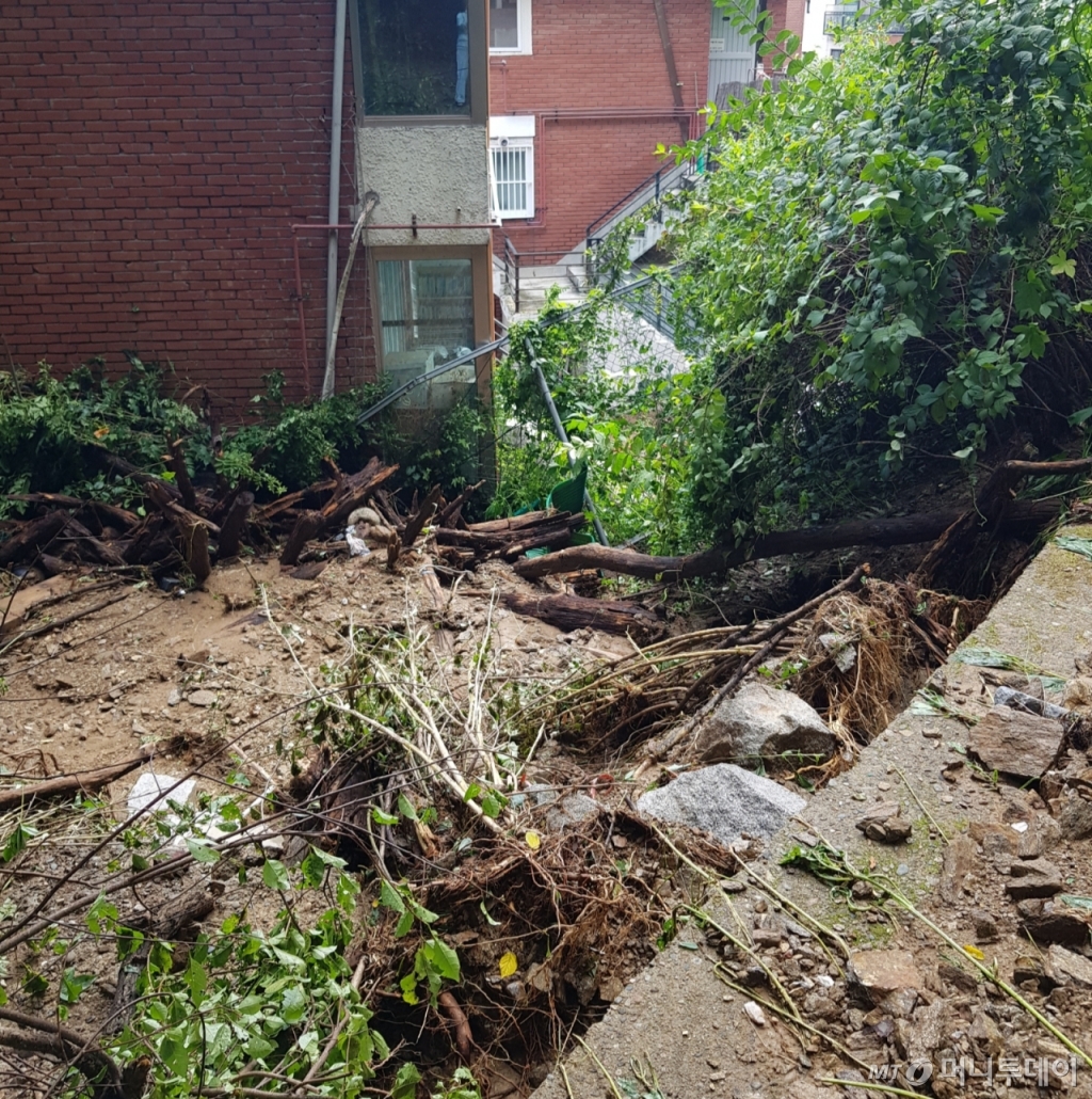 10일 서울  동작구 사당동 ㄱ 다세대 주택 뒷쪽에 있는 산이 무너져 2층 높이까지 토사가 내려앉았다. / 사진=독자제공