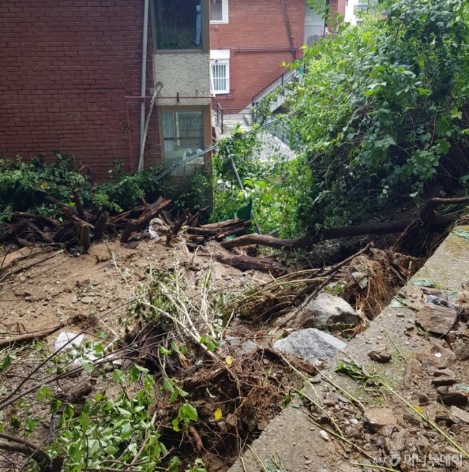 10일 서울  동작구 사당동 ㄱ 다세대 주택 뒷쪽에 있는 산이 무너져 2층 높이까지 토사가 내려앉았다. / 사진=독자제공