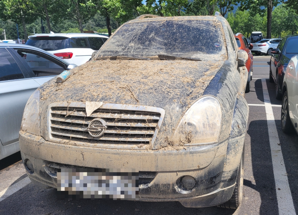 16일 오후 2시쯤 경기 과천시 서울대공원 주차장. 차량 덮개까지 침수 피해를 입은 차량의 모습./사진=김도균 기자