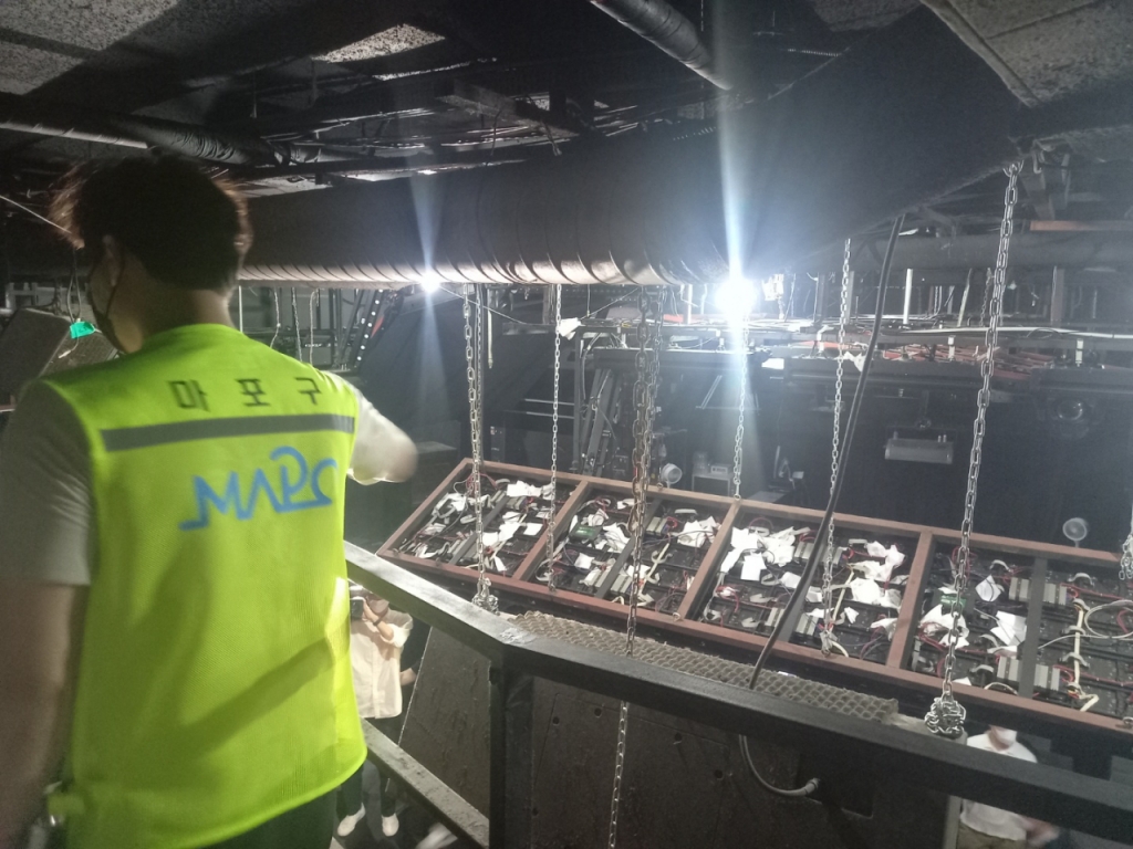 18일 오후 마포소방서 관계자와 한국전력공사 관계자는 홍대 번화가의 한 클럽 천장에 매달린 LED 스크린 청소 상태를 지적했다. 스크린 윗면에 전선이 노출됐는데 휴지 뭉텅이들이 버려졌기 때문이다. 클럽 화재 상당수는 누전 때문에 난다. 점검팀은 LED 스크린 위를 청소하고 손님들에게 휴지 버리지 말라고 당부할 것을 클럽 업주에게 요구했다./사진=김성진 기자
