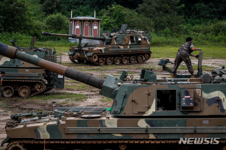 한미연합연습 ‘을지 자유의 방패(UFS, 을지프리덤실드)’가 시작된 22일 오후 경기 파주시 한 훈련장에서 K9 자주포가 대기하고 있다. /사진=뉴시스
