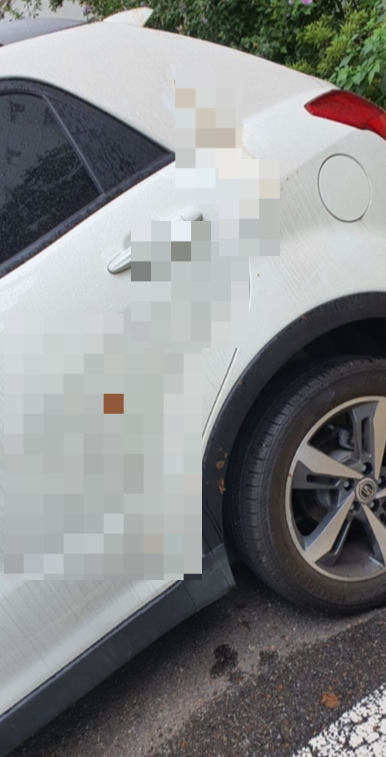 25일 오전 11시쯤. 서울 동작구 본동의 한 아파트에 주차된 차량에 인분으로 추정되는 오물이 묻어있는 모습. 총 3대의 차량이 피해를 입었다./사진=독자 제공