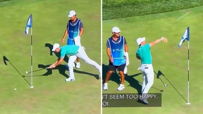 로리 맥길로이가 경기에 난입한 관중의 원격 골프공을 집어 던지고 있다. /사진=트위터 