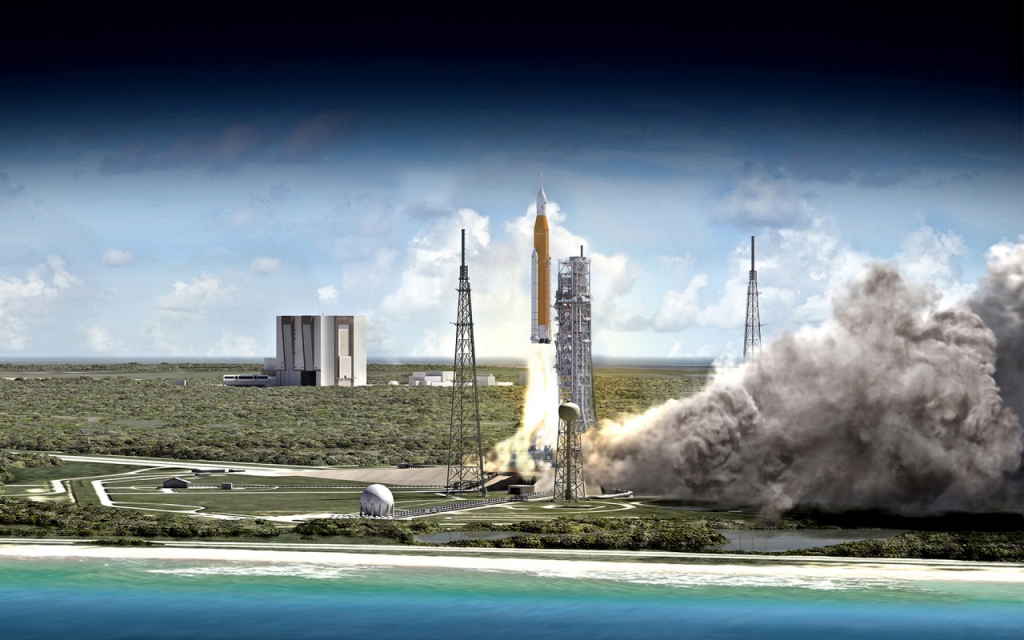 미국항공우주국(NASA)이 개발한 초대형 로켓 우주발사시스템(SLS). 밀어올리는 힘만 3990톤(t)에 달한다. 사진은 발사 전 NASA가 공개한 발사 상상도. / 사진제공=미국항공우주국(NASA)
