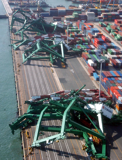 2003년 9월 태풍 '매미'가 휩쓸고 간 부산 신감만항터미널에서 대형 크레인이 무너졌다./사진=트위터