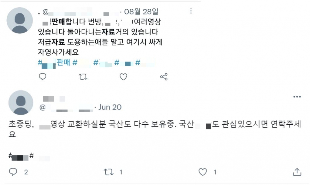 6일 트위터 등 SNS에 들어가면 N번방 자료, 아동 성착취물을 팔거나 교환한다는 글들이 올라와 있다. 트위터 말고도 텔레그램, 디스코드 등에 N번방 자료를 판다는 광고글이 돌아다닌다./사진=트위터 화면 갈무리