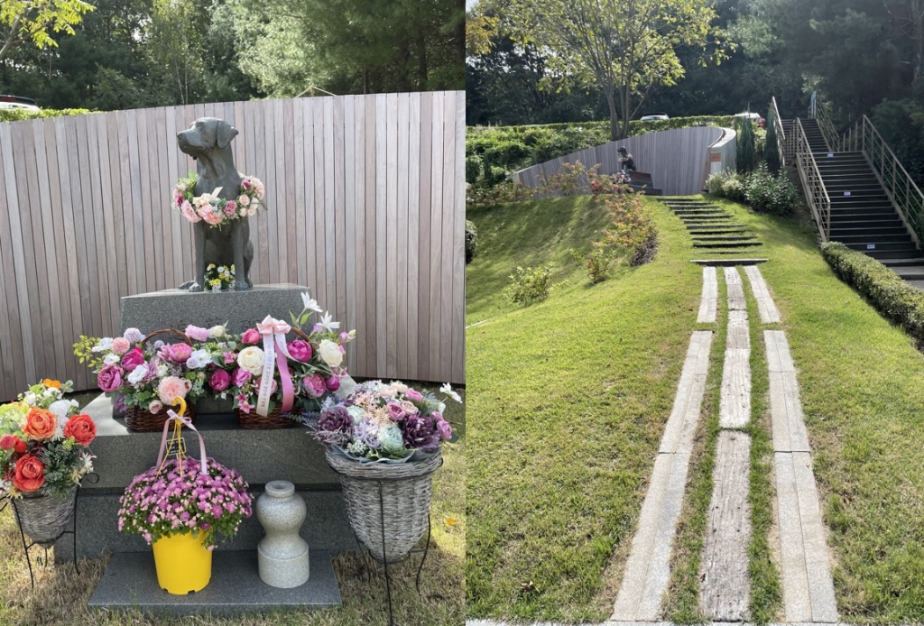 안내견 추모비. 160여마리의 이름이 새겨져있다/사진=한지연기자