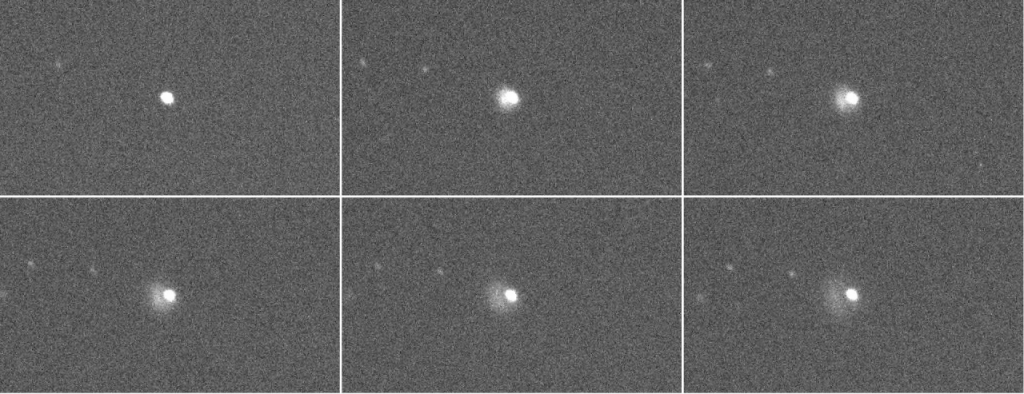미국항공우주국(NASA)의 다트(DART) 우주선 충돌 전후 촬영한 영상. 왼쪽 상단은 충돌 직전의 소행성 디모포스, 나머지 5개 사진은 충돌 직후 먼지가 분출되는 모습이 포착됐다. / 사진제공=한국천문연구원