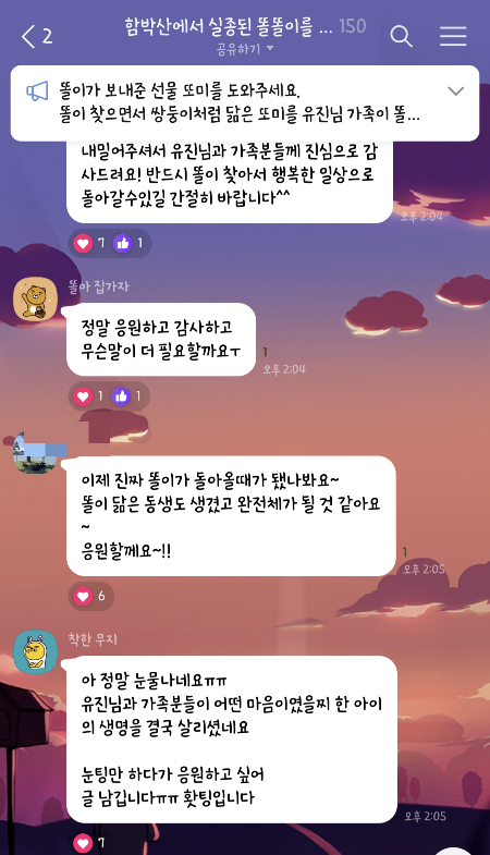 카카오톡 오픈채팅방에 모여 똘이를 찾으려 애쓰고 응원하는 사람들. 오픈채팅방에서 '함박산 똘똘이'라 검색하면 된다./사진=남형도 기자