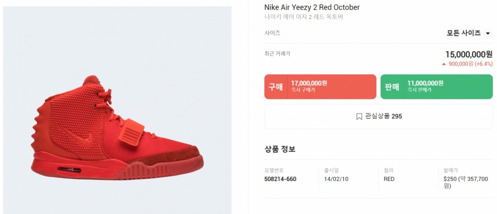판매가 35만원대의 '나이키 에어 이지 2 레드 옥토버'. 희소한 수집 가치를 인정받으면서 즉시 판매가는 최대 1700만원까지 치솟았다. / 사진 = 크림