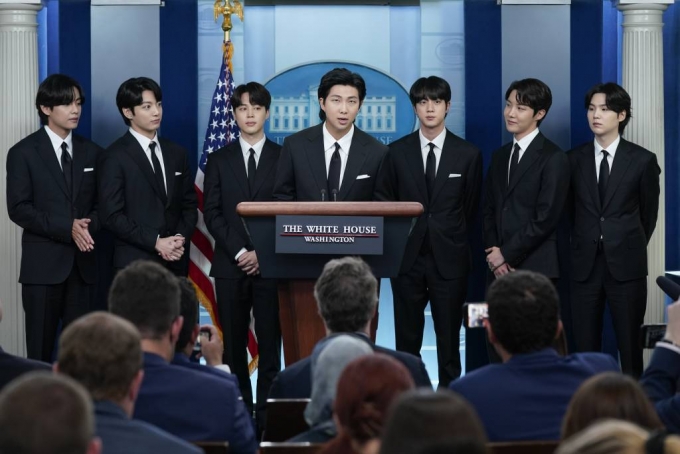 그룹 방탄소년단(BTS) 리더 RM이 지난 5월31일(현지시간) 백악관 기자실에서 발언하고 있다./사진=AP/뉴시스