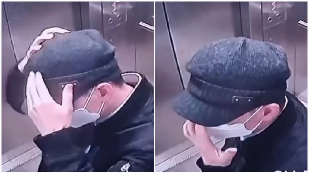 25일 밤 10시40분쯤 경기 광명시 소하동의 상가 건물 엘리베이터 CCTV(폐쇄회로TV)에 포착된 40대 남성 A씨의 모습. A씨는 같은 날 저녁 8시쯤 자신의 아내와 두 아들을 살해하고 밤 9시쯤 이 건물 PC방에 들렀다./사진=독자 제공