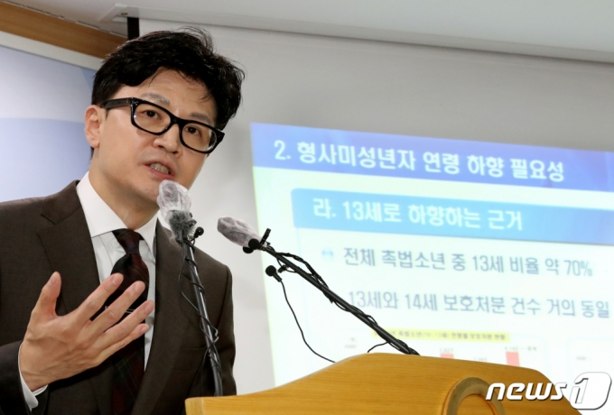 (과천=뉴스1) 장수영 기자 = 한동훈 법무부 장관이 26일 경기 과천시 정부과천청사 법무부 브리핑실에서 '소년범죄 종합대책'을 발표하고 있다.   한 장관은 브리핑을 통해 촉법소년 연령을 현행 14세에서 13세로 낮추는 내용을 골자로 하는 법 개정을 추진한다고 설명했다. 2022.10.26/뉴스1  Copyright (C) 뉴스1. All rights reserved. 무단 전재 및 재배포 금지.