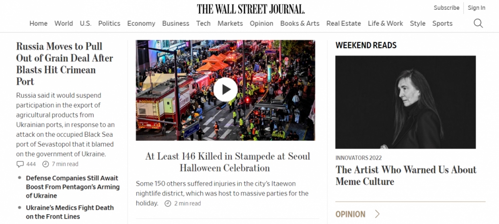세계 주요 외신이 전날(29일) 밤 서울 용산구 이태원에서 발생한 대규모 압사 사고를 실시간으로 보도하고 있다./사진=월스트리트저널(WSJ) 홈페이지