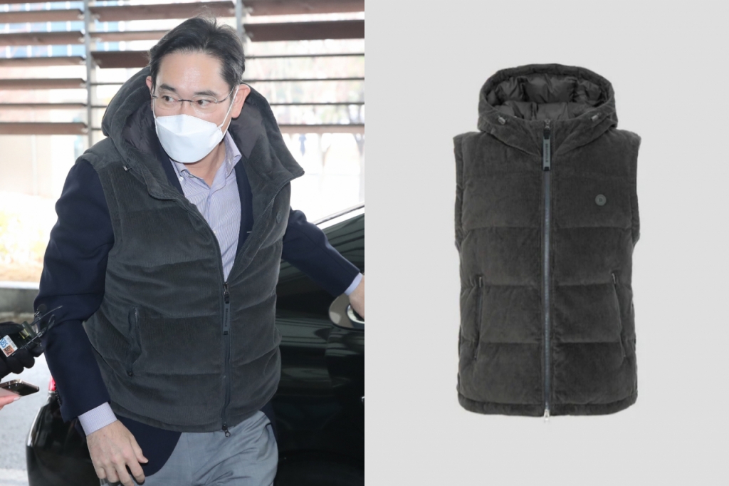 이재용 삼성전자 회장, 이 회장이 21일 베트남 출국길에 입은 삼성물산 패션브랜드 빈폴의 아우터 '남성 애쉬 코듀로이 다운 베스트' / 사진=뉴스1, 삼성물산 홈페이지 캡처