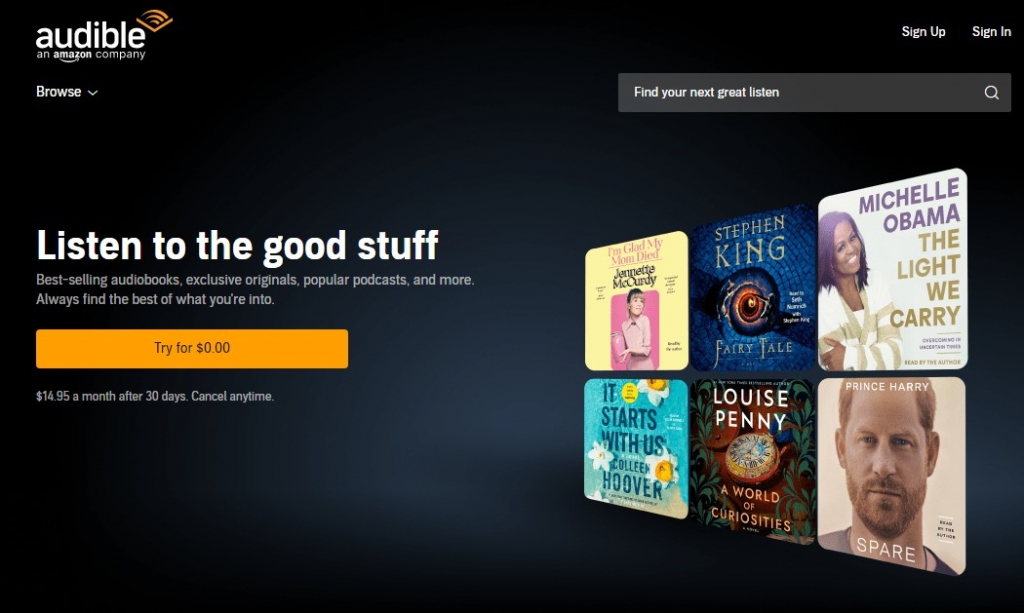 아마존 오디오북 서비스 오디블/사진=오디블 홈페이지 캡쳐