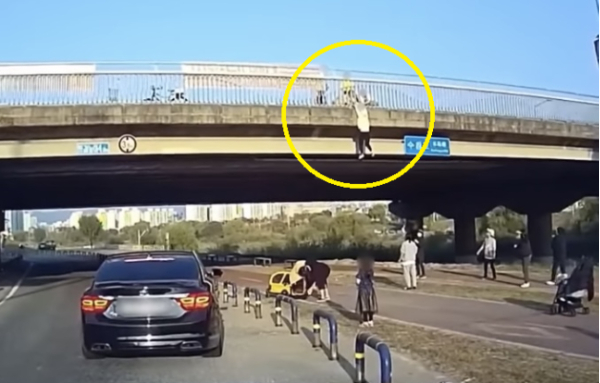 한 여성이 다리 난간에 위태롭게 매달려 있다. /사진=한문철 유튜브 