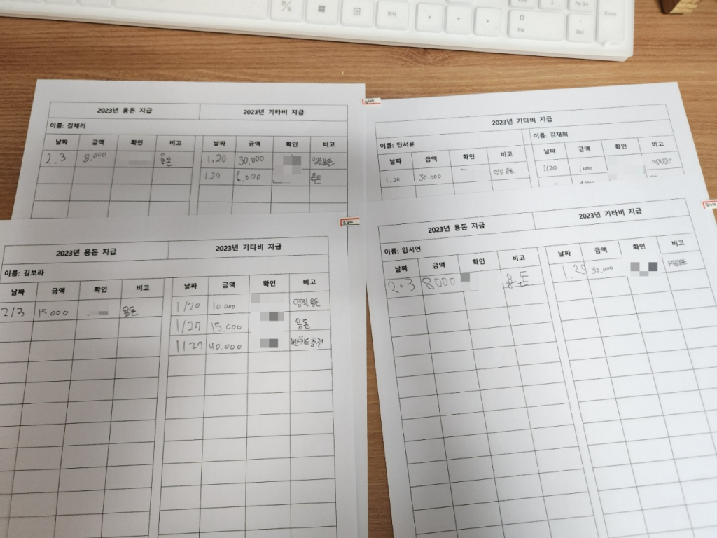 겉보기에 그룹홈은 일반 가정과 다르지 않지만 정부가 요구하는 행정 기준이 까다로워 아이들에게 용돈을 줄 때도 서류를 남겨야 한다. 사진은 서울 노원구 소재 그룹홈의 아이들이 직접 서명한 용돈 수령 내역./사진=최지은 기자