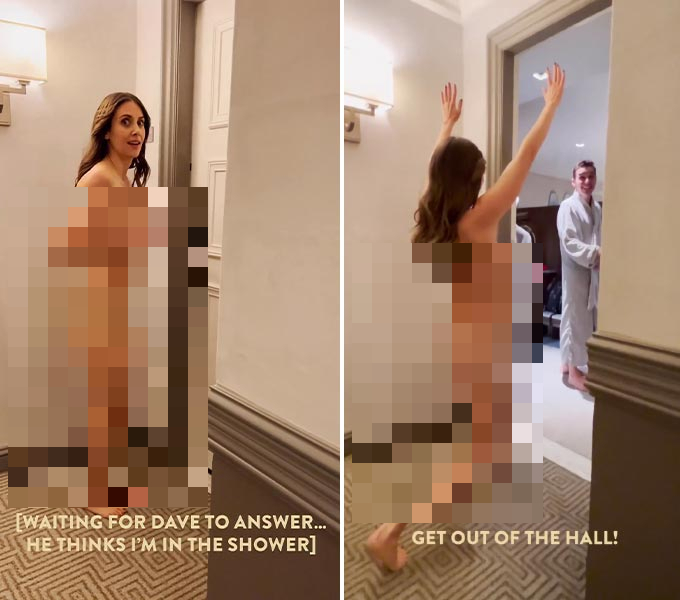 할리우드 배우 알리슨 브리가 알몸으로 남편 데이브 프랑코의 방 앞에서 그가 나오기를 기다렸다가 깜짝 놀래키는 모습./사진=알리슨 브리 인스타그램