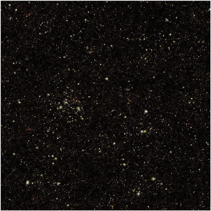 붉은색일수록 멀리 있고 흰색일수록 가깝다. 이 시뮬레이션은 현재 망원경으로는 불가능한 방식으로 대규모 심층 조사를 수행하고 통계적으로 우주를 연구하는 낸시 로만 우주 망원경의 성능을 보여준다. / 사진=미국항공우주국(NASA)