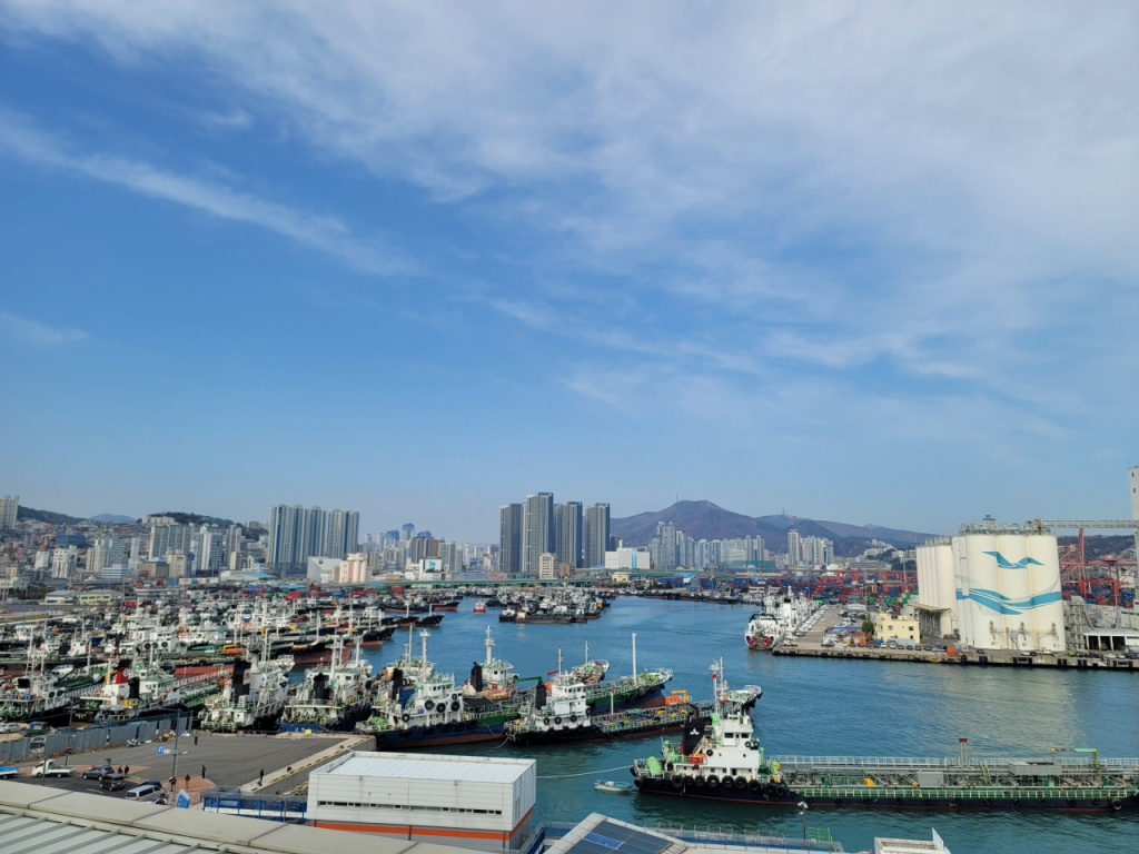 부산 북항 전망대에서 바라본 부산엑스포 행사장 예정지. 현재는 컨테이너박스와 배들이 있지만 올해 11월 부산엑스포 유치가 결정되면 이곳은 주요 행사장 부지로 탈바꿈한다./사진=정진우 기자