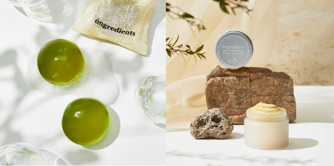 왼쪽은 '온그리디언츠 제주 그린티 클렌징 볼', 오른쪽은 '온그리디언츠 더 꾸덕한 진정 크림' 제품 이미지./사진제공=온그리디언츠